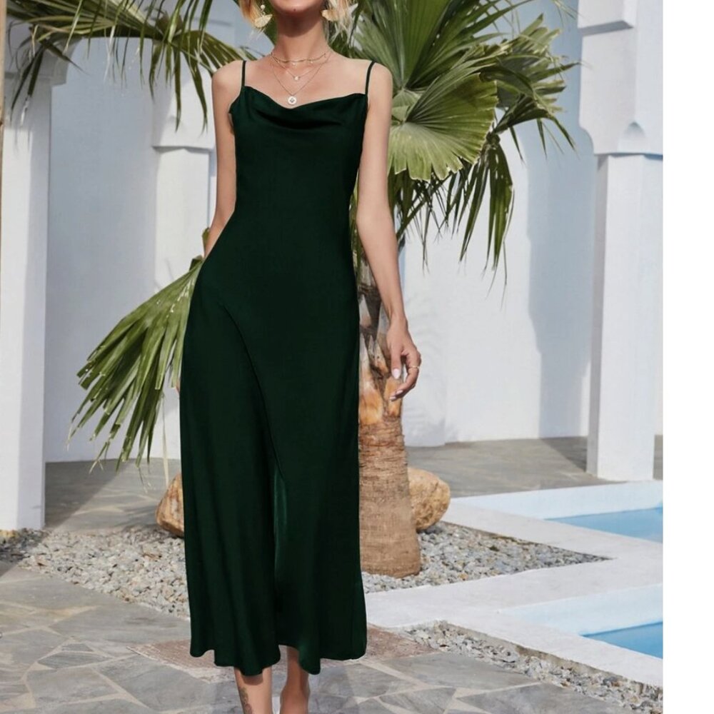 Dark Green Silky Cowl Neck Spaghetti Strap Open Back Midi Dress